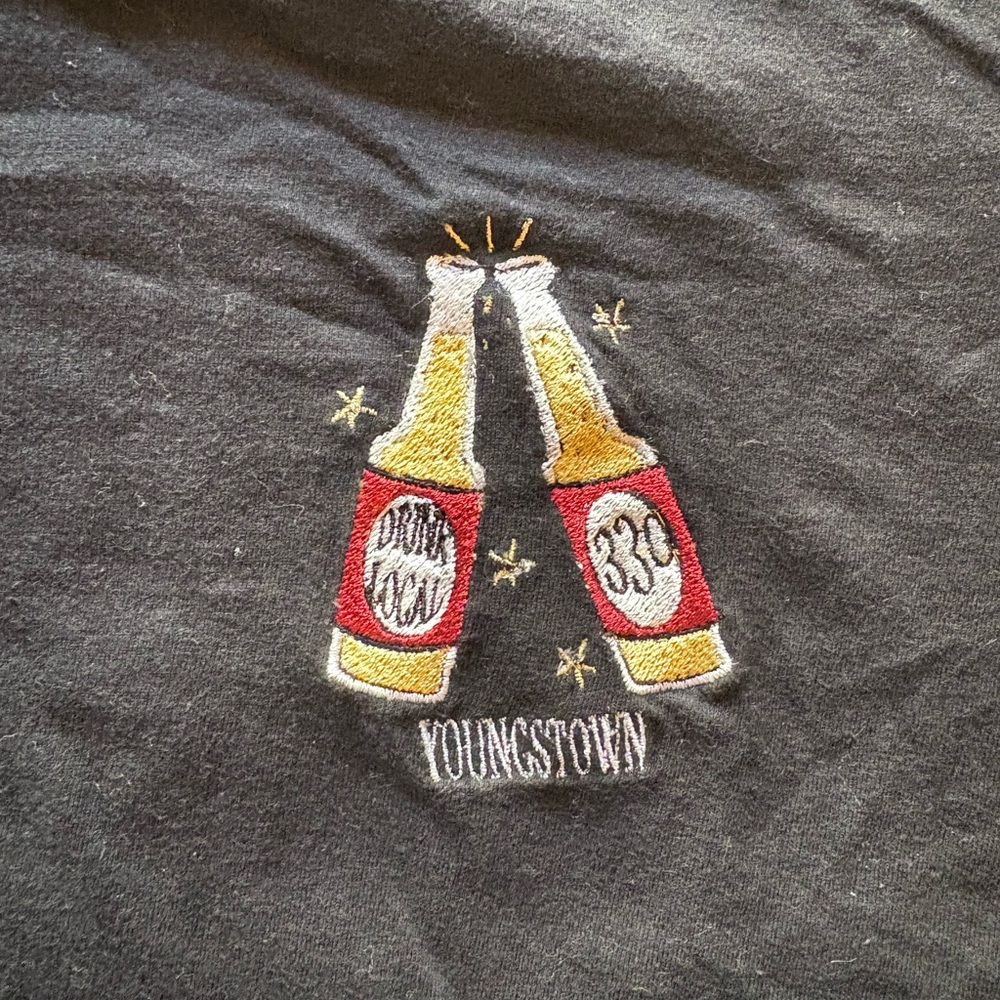 Embroidered Cheers Tee with Yellow & Red Bottle Motif